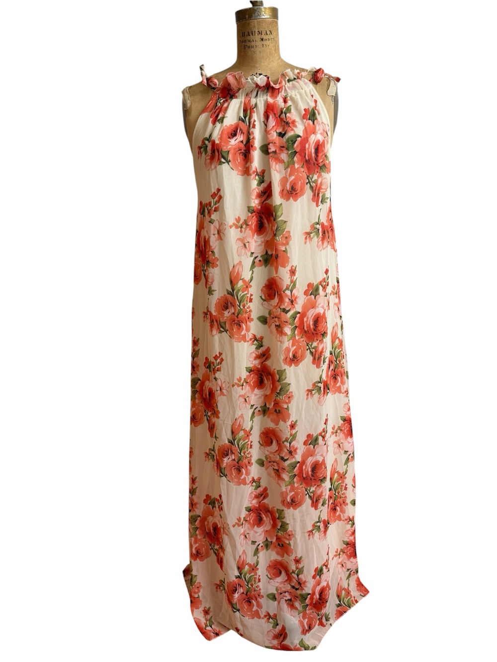 Sleeveless Floral Maxi Dress in Pink on Cream